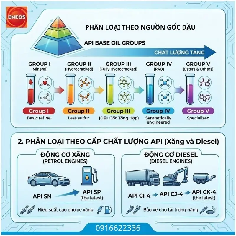Hệ thống phân loại các dòng dầu nhớt ENEOS chính hãng tại BK OIL Hưng Yên.