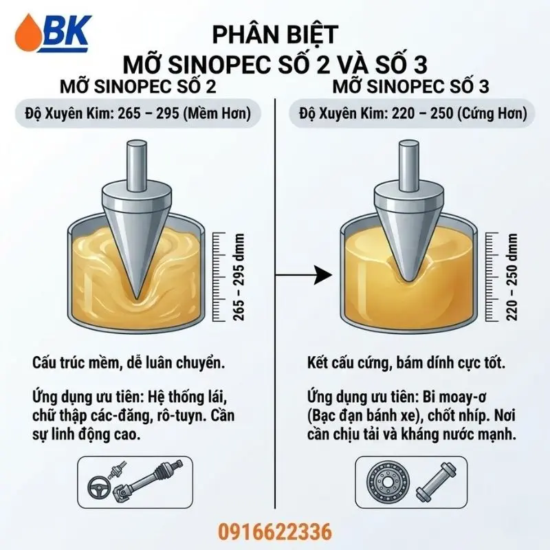 Phân biệt mỡ bôi trơn Sinopec Lithium Grease No.2 và No.3 chính hãng BK OIL Hưng Yên.